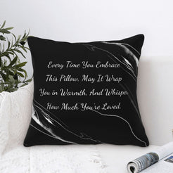 Velvet pillow cover with black marble pattern and heartfelt love quote, styled by a window