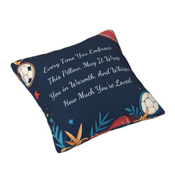 Angled view of a velvet pillow cover with navy soccer pattern and heartfelt love quote