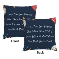 Front and reverse views of a velvet pillow cover with navy soccer pattern and heartfelt love quote