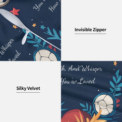 Hidden zipper and soft velvet detail on a pillow cover with navy soccer pattern and heartfelt love quote