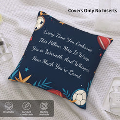 Velvet pillow cover with navy soccer pattern and heartfelt love quote on a bed with cover-only note