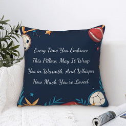 Velvet pillow cover with navy soccer pattern and heartfelt love quote, styled by a window