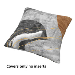 Short-pile plush pillow cover with gray, brown and black abstract curves, shown without an insert