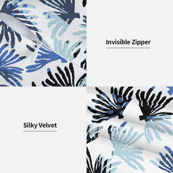 Hidden zipper and velvet detail on a pillow cover with navy coral fronds on white