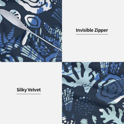Hidden zipper and velvet detail on a pillow cover with midnight blue coral and flowers