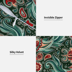 Close-up of soft velvet with a red and teal paisley pattern