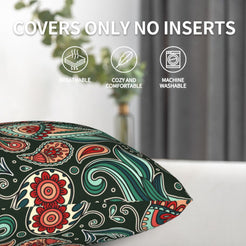 Red and teal paisley velvet pillow cover shown without an insert