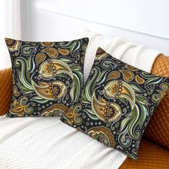 Velvet pillow covers with ochre and green paisley, styled on a white sofa