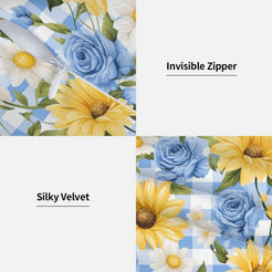 Hidden zipper and velvet detail on a pillow cover with sunflowers, blue roses and blue gingham