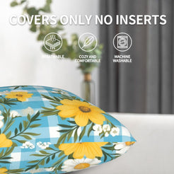 Velvet pillow cover with yellow daisies and aqua gingham, shown without an insert