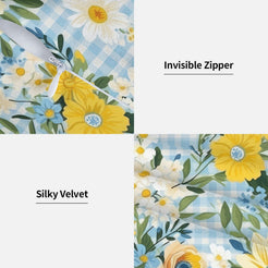 Hidden zipper and velvet detail on a pillow cover with blue and yellow wildflowers with pale gingham