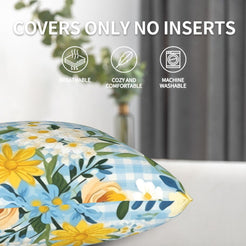Velvet pillow cover with blue and yellow wildflowers with pale gingham, shown without an insert