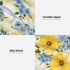 Hidden zipper and velvet detail on a pillow cover with sunflowers and blue daisies on yellow gingham