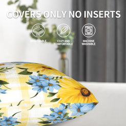 Velvet pillow cover with sunflowers and blue daisies on yellow gingham, shown without an insert