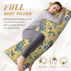 Mustard yellow toile full body pillow cover shown supporting a resting sleeper