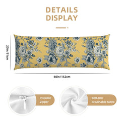 60-inch mustard yellow body pillow cover with large blue floral bouquets