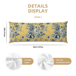 54-inch mustard yellow body pillow cover with large blue floral bouquets