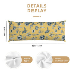 60-inch mustard body pillow cover with blue floral border print