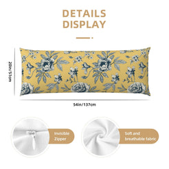 54-inch mustard body pillow cover with repeating blue roses