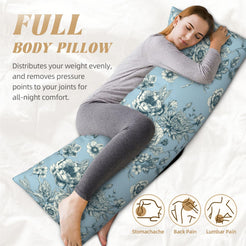 Light blue toile full body pillow cover shown supporting a resting sleeper