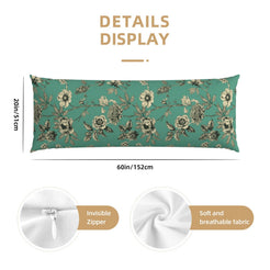 60-inch green body pillow cover with repeating floral bouquets