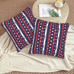 4th of July velvet pillow covers with navy patriotic stars and stripes, styled on a woven chair