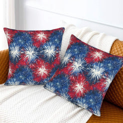 4th of July velvet pillow covers with red, white and blue fireworks, styled on a sofa