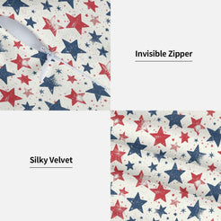 Hidden zipper and soft fabric detail on a 4th of July velvet pillow cover with distressed red and blue stars