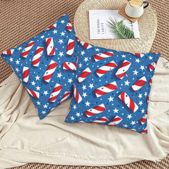 4th of July velvet pillow covers with striped rockets and white stars, styled on a woven chair
