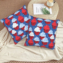 4th of July velvet pillow covers with red, white and blue cupcakes, styled on a woven chair