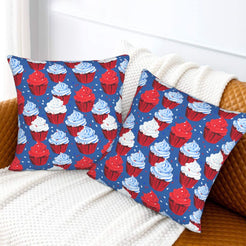 4th of July velvet pillow covers with red, white and blue cupcakes, styled on a sofa
