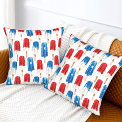 4th of July velvet pillow covers with red and blue popsicles, styled on a sofa