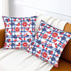 4th of July velvet pillow covers with red and blue summer picnic motifs, styled on a sofa