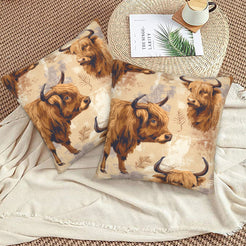 Western velvet pillow covers with cream Highland cow portraits, styled on a woven chair