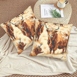 Western velvet pillow covers with cream Highland cows, styled on a woven chair