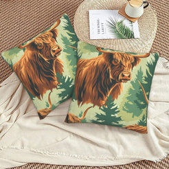Western velvet pillow covers with green Highland cow portraits, styled on a woven chair