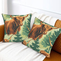 Western velvet pillow covers with green Highland cow portraits, styled on a sofa