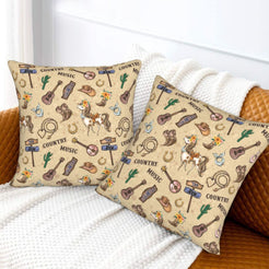Western velvet pillow covers with cream country music motifs, styled on a sofa