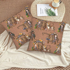 Western velvet pillow covers with brown cowgirl and Western motifs, styled on a woven chair