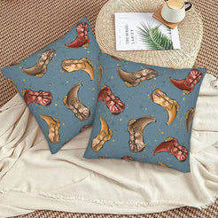Western velvet pillow covers with blue cowboy boots, styled on a woven chair