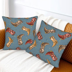 Western velvet pillow covers with blue cowboy boots, styled on a sofa