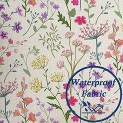 Close-up of water-resistant linen-look polyester with delicate wildflower stems