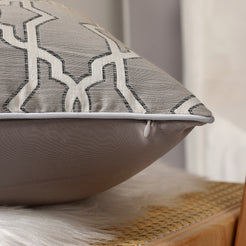 Close-up of gray trellis jacquard fabric with hidden zipper