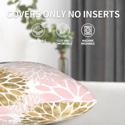 Charcoal, blush and gold dahlia pattern pillow covers shown without inserts with care details