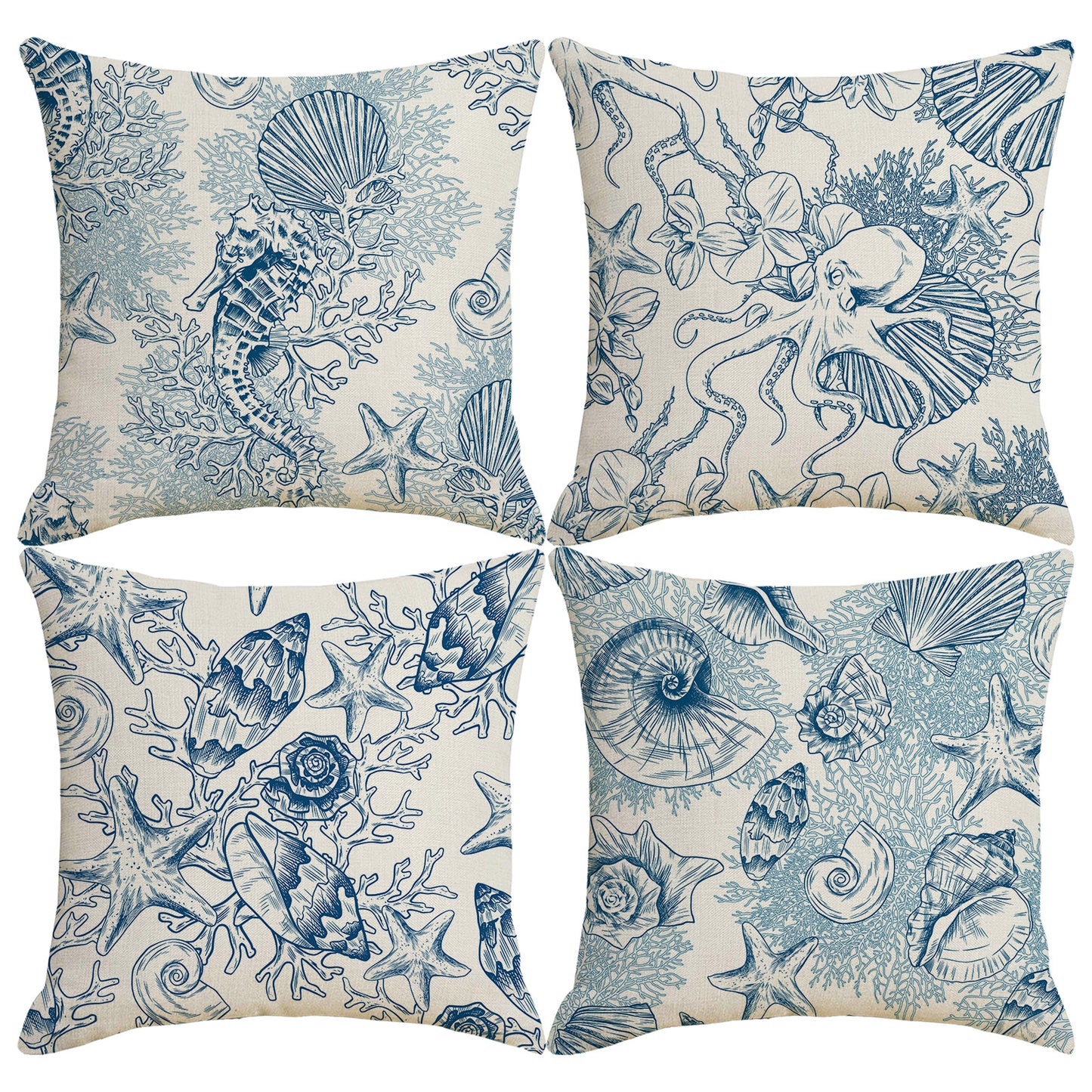 Coastal Waterproof Throw Pillow Covers 18x18 inch Set of 4 Outdoor Cushion Covers