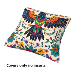 Short-pile plush pillow cover with a colorful folk bird and flowers on cream, shown without an insert
