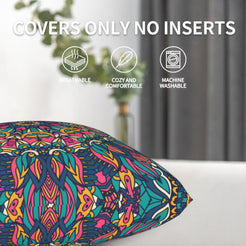 Navy teal and coral floral mandala design pillow covers shown without inserts with care details
