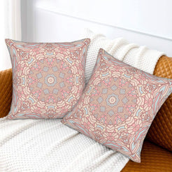 Blush and gray delicate mandala design velvet pillow covers styled on a sofa