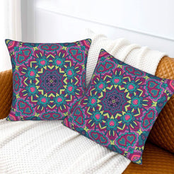 Purple and teal floral mandala design velvet pillow covers styled on a sofa