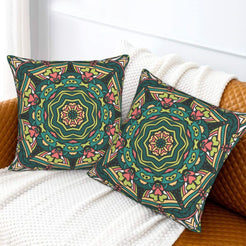 Dark green and peach geometric mandala design velvet pillow covers styled on a sofa